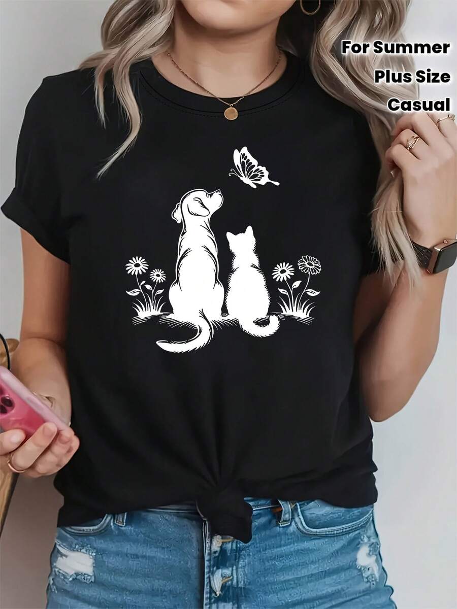 Camiseta de talla grande para mujer con estampado gráfico de gatos, perros y mariposas, manga corta, cuello redondo, estilo casual para verano y primavera, ropa de mujer. - Negro - Ver 1