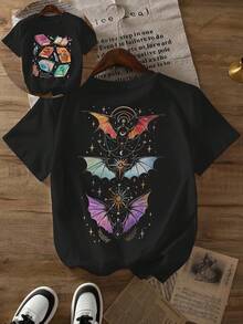 Camiseta de poliéster de talla grande para mujer con estampado gráfico de amante de libros Velaris, top casual de manga corta con cuello redondo, tejido de punto ligeramente elástico, ropa de verano con estampado de alfabeto. - Negro - Ver 2