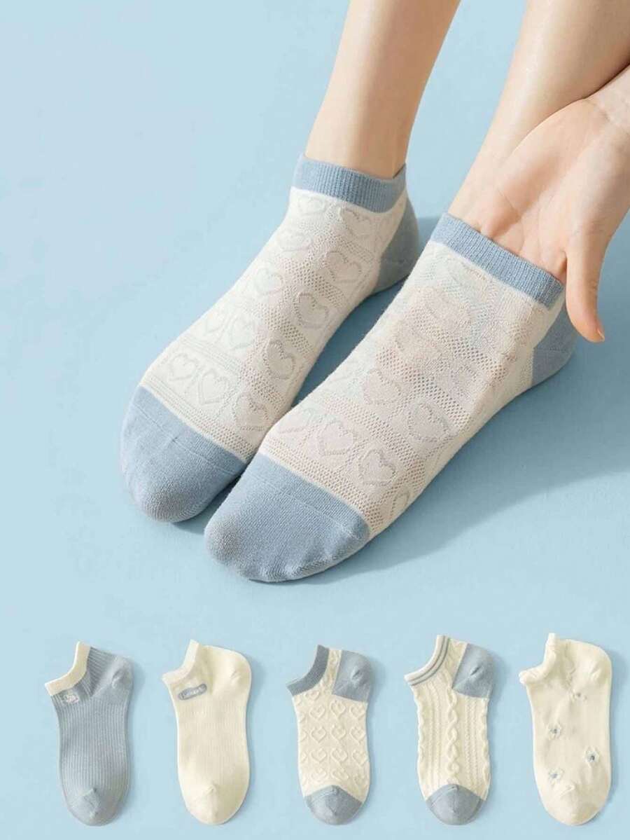 5 Pairs Of Light Blue Heart-Shaped Mesh Boat Socks Summer Comfortable And Versatile Shallow Socks - Multicolor - View 1
