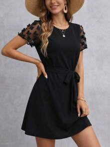 Solid Color Patchwork Round Neck Belted Elegant Short Sleeve Dress, Summer - Black - View 2