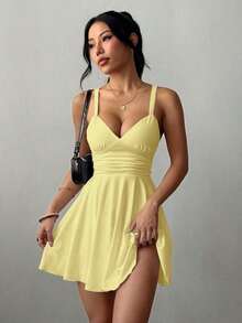 Vestido corto de punto sexy y elegante con escote en V, cintura fruncida y tirantes finos para mujer - amarillo ganso - Ver 6