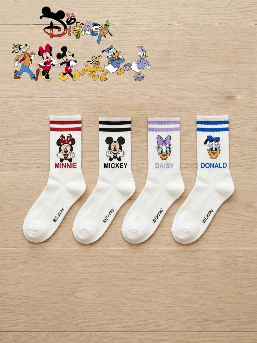 Disney 4雙復古迪士尼米奇與好友圖案中筒襪,中性條紋中筒襪,情侶襪組 - 彩色 - 查看 1