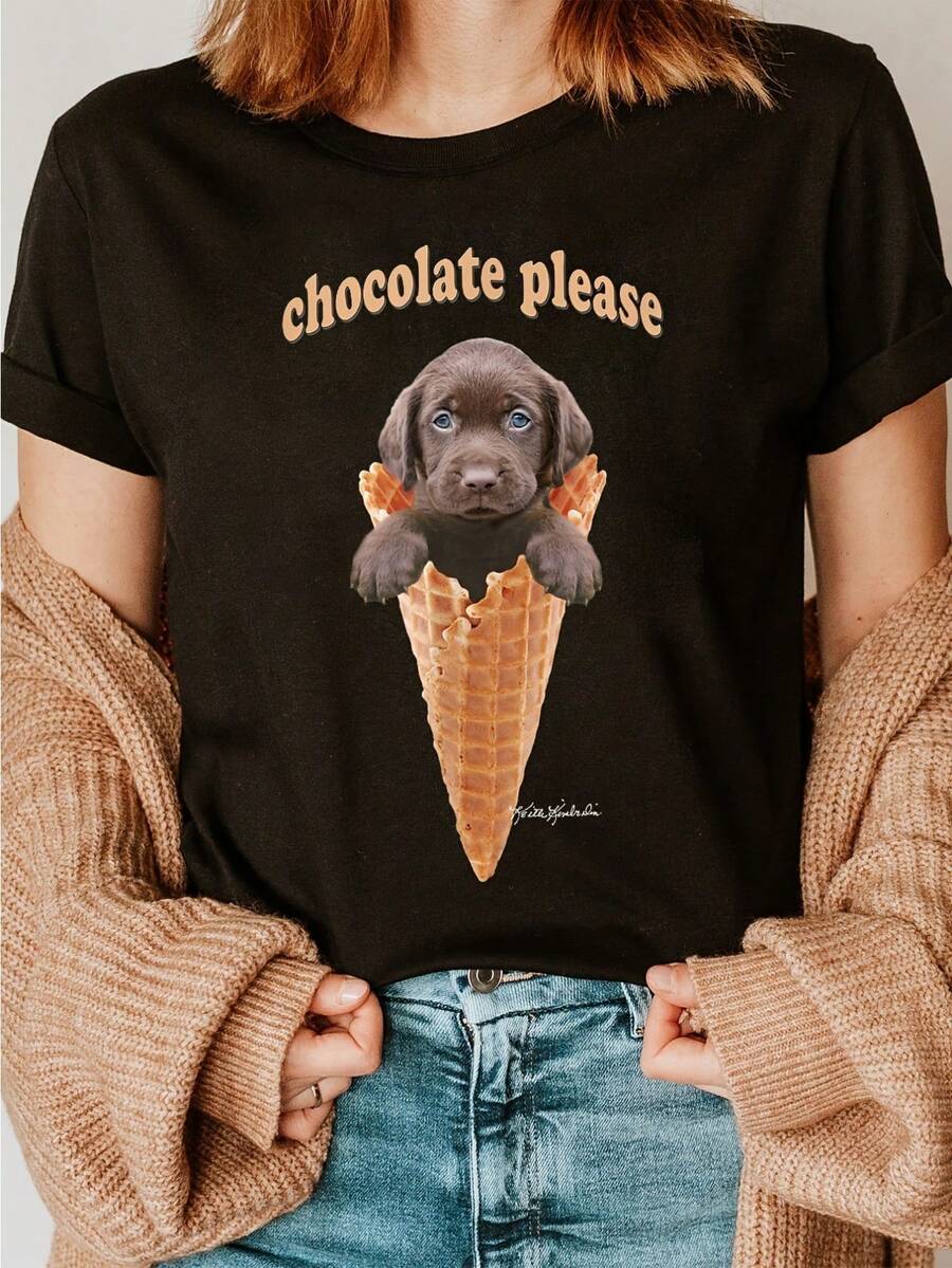 1pc Women'S Casual Cotton T-Shirt With Cute Puppy Ice Cream Graphic, Short Sleeve Crew Neck, Animal Print Top For All Seasons - Black - View 1