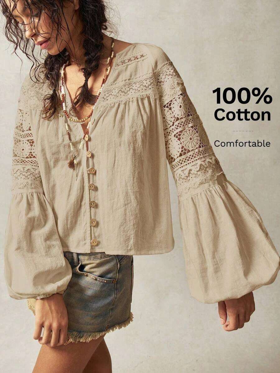 Blusa de manga larga y botones con corte suelto informal para mujer, adecuada para vacaciones - Albaricoque - Ver 1