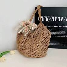 2/1pc Women Crochet (Tote Bag + Ribbon) 2pcs Set, Large Capacity Hollow Woven Shopping Tote Bag, Fixed Shoulder Strap, No Lining, Suitable For Travel & Daily Use - Multicolor - View 4