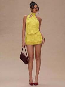 Vestido mini con estampado de lunares y espalda descubierta para mujer - Mostaza Amarilla 2 - Ver 8