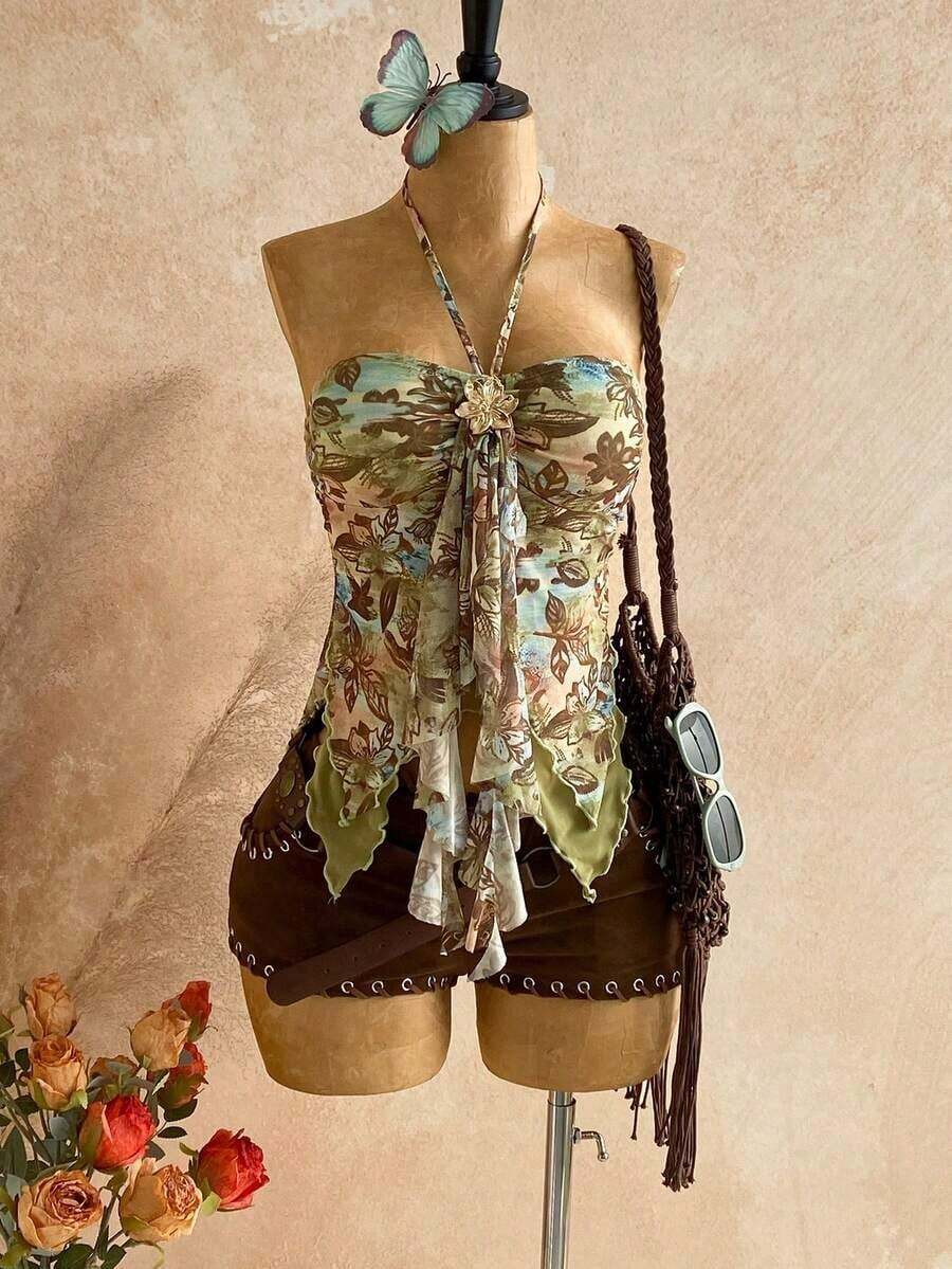 Camiseta asimétrica con decoración de conchas marinas, adecuada para vacaciones en la playa, verano - Multicolor 3 - Ver 1