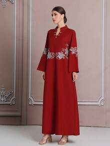 3D Oversized Silk Thread Embroidery Pattern Pearl Decorated Dress, Long Robe, Arabic Robe - Red - View 4