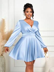 BIUBIU Gaun Pendek Model A-Line Elegan Ukuran Plus Warna Biru Muda Leher V Lengan Panjang Model Bishop dengan Detail Kerut di Bagian Dada - Biru - View 3
