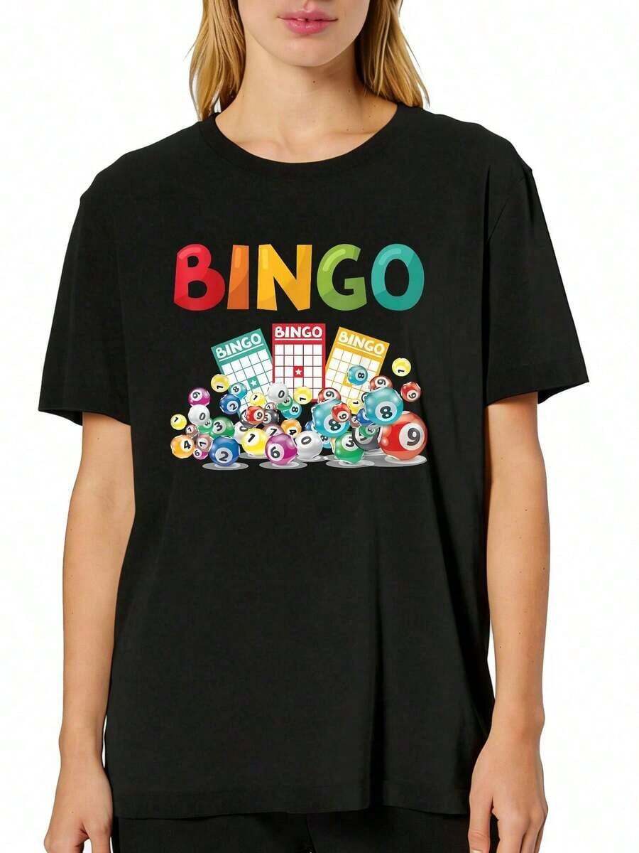 1 pieza Camiseta con estampado gráfico de bingo, cartas de bingo y letras, diseño de juego de azar, cuello redondo, manga corta, camiseta casual a la moda, ajuste cómodo, lavable a máquina, para primavera y verano, ropa de mujer, 180g 100% algodón, todos los diseños están impresos. Unisexo. - Negro - Ver 1