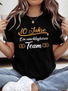 Camiseta de 10.º aniversario para mujer - Letras 10 Jahre y apta para boda, camiseta de regalo - Blusa casual de manga corta y cuello redondo para primavera/verano, ropa de 10 años para conjuntos a juego - Negro - Ver 1