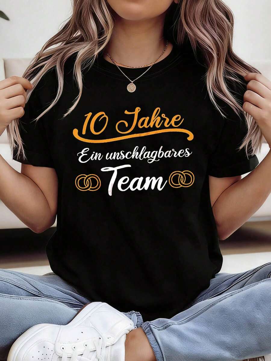 Camiseta de 10.º aniversario para mujer - Letras 10 Jahre y apta para boda, camiseta de regalo - Blusa casual de manga corta y cuello redondo para primavera/verano, ropa de 10 años para conjuntos a juego - Negro - Ver 1