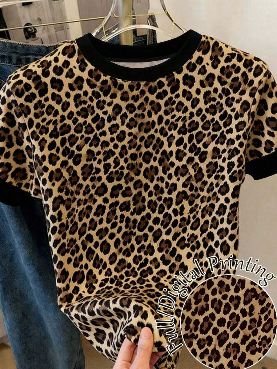 Camiseta de mujer de manga corta y cuello redondo con estampado de leopardo - Multicolor 8 - Ver 1