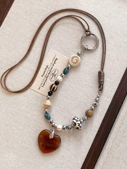 1 chiếc vòng cổ mặt dây chuyền hình trái tim tự nhiên phong cách Bohemian thời trang, vòng cổ đính hạt hình học với mặt dây chuyền nhiều màu sắc bằng kim loại và nhựa, phù hợp cho nữ giới đeo hàng ngày, dự tiệc, lễ hội, du lịch, làm quà tặng trang sức.