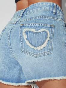 Quần short denim nữ mùa xuân hè, kiểu dáng thường ngày, họa tiết trái tim. - Màu xanh nhạt - Xem 2