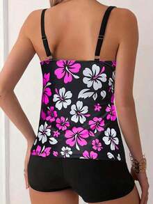 Floral Print Spaghetti Strap Backless Tankini Swimsuit Set, Casual Sexy Beach Outfit, Medium Stretch Vacation Black Summer - Black and White - View 6