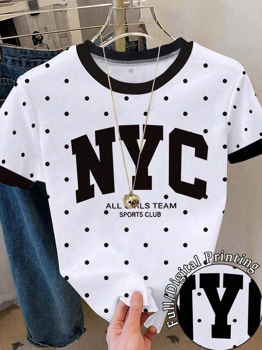 Camiseta casual de mujer de cuello redondo y manga corta con estampado de letras y rayas - Multicolor 11 - Ver 1