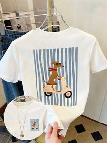 1pscDrmWander Camiseta de Manga Corta con Cuello Redondo y Estampado de Dibujos Animados, Talla Grande, Versátil para Uso Diario, 100% Algodón - Blanco 3 - Ver 5
