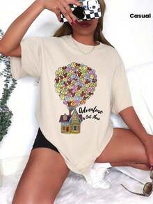 1 pieza Camiseta de manga corta con hombros caídos y estampado de letras "La aventura está ahí fuera" con diseño de casa de globos estilo caricatura, 180g 100% algodón, los diseños están completamente impresos. Unisexo. - Blanco - Ver 6