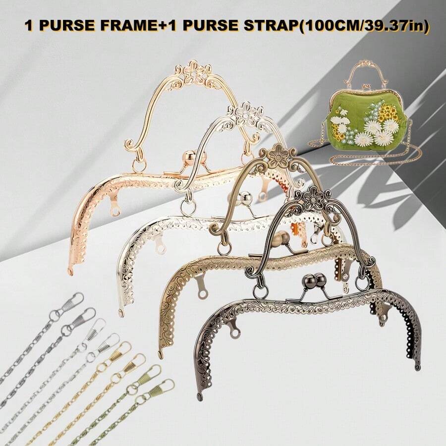 1Set Embossed Purse Frame + 100cm Crossbody Strap, Metal Kiss Lock,DIY Handbag Hardware Kit For Bag Making - Multicolor - View 1