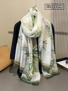 1条优雅竹节图案印花雪纺围巾，女士时尚装饰柔软披肩，适合户外活动、休闲、娱乐和配饰搭配，可用作头巾、发带，轻松装饰和提升整体造型。 - 綠白色 - 查看 1