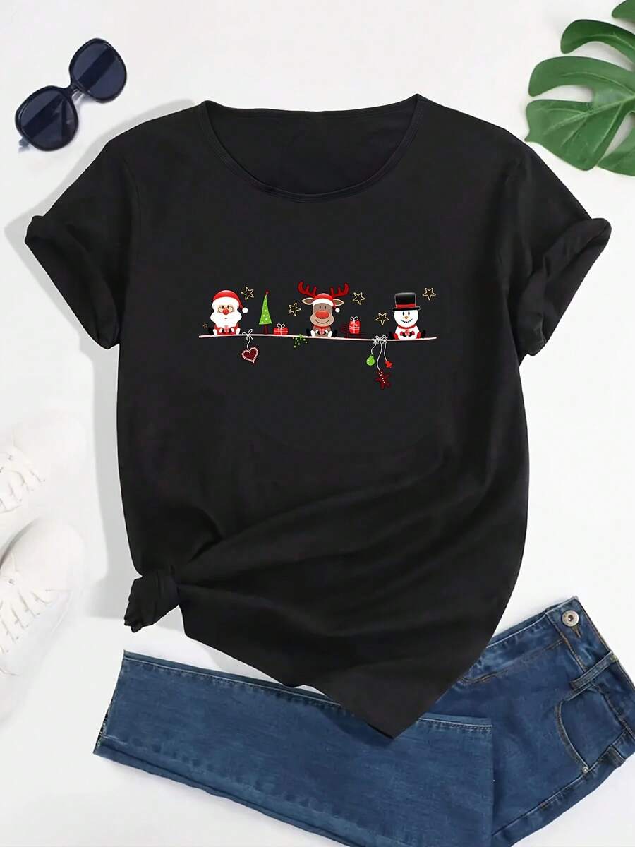 Women's Short-Sleeved Cotton T-Shirt With Christmas Print Of Santa Claus, Reindeer And Snowman, Round Neck, Short-Sleeved T-Shirt, Casual Sports Tops, Women's Clothing. - 黑色 - 查看 1