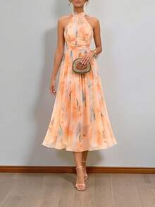 Vestido largo primavera cuello colgado sin mangas estampado estilo europeo elegante para vacaciones - Naranja - Ver 8