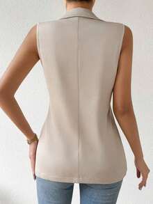 Blazer sin mangas de estilo elegante de color verde oliva para mujer, chaleco casual con solapa y botón en tela tejida lisa, corte regular - Albaricoque - Ver 2