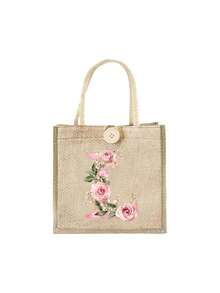 1个字母图案手提包，粉色玫瑰花卉亚麻手提包，装饰纽扣点缀手提包，简约大容量手提包，便携休闲收纳手提包，多功能购物袋，大容量，适合购物、单肩包、手提包、午餐包，适合女性日常使用、约会、生日、节日、返校、夏季、度假、海滩、商务旅行、上学、野餐、露营、日常收纳（纽扣款式随机） - 彩色 - 查看 19