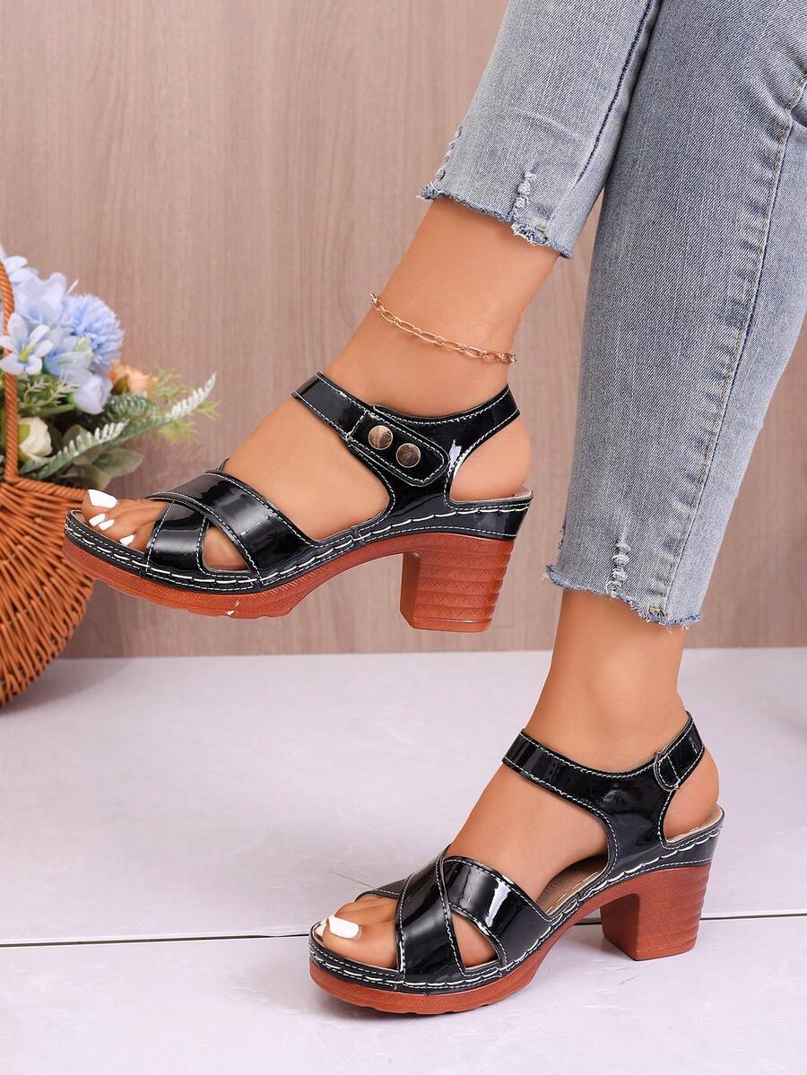 Summer Open Toe Sandals, Vintage PU Leather Rivet Embellished Chunky High Heel Bare Strap Design, Party Wear For Spring & Summer