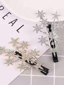 2pcs Rhinestone Star Hair Clips, Shiny Gold Starburst Hair Accessories, Elegant Sparkling Hair Ornaments, Suitable For Party And Daily Wear - Multicolor - View 5