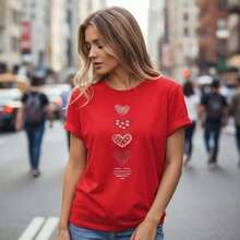 GiftCamiseta de algodón de manga corta para mujer, cuello redondo, top básico con estampado de corazones, corte holgado informal, tallas S-5XL disponibles, suave y cómoda para uso diario, camiseta básica negra para verano y primavera, blusa de diseño simple, versátil para uso diario informal. Suave - Rojo - Ver 6