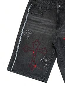 Men's Rhinestone Denim Shorts - Grey - View 4