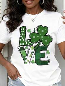 Camiseta de Cuello Redondo para Mujer con Estampado de Trébol y Texto, Manga Corta, Ropa para Celebración del Día de San Patricio - Blanco - Ver 7