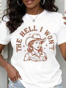 Women's Crew Neck T-Shirt With Cowgirl Print With Hat And The Phrase "I Won't Text", Short Sleeve, Casual Wear For Daily Outings And Western Style Events. - 白色 - 查看 7