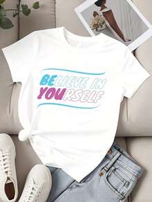 Camiseta de Cuello Redondo para Mujer con Estampado 'Believe In Yours', Manga Corta, Casual para Uso Diario - Blanco - Ver 2