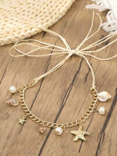 1 pieza Diadema con cadena de estrella de mar, concha y perla estilo bohemio, accesorio decorativo para el cabello, adecuado para playa, viajes y vacaciones, versátil también como cadena para la cintura