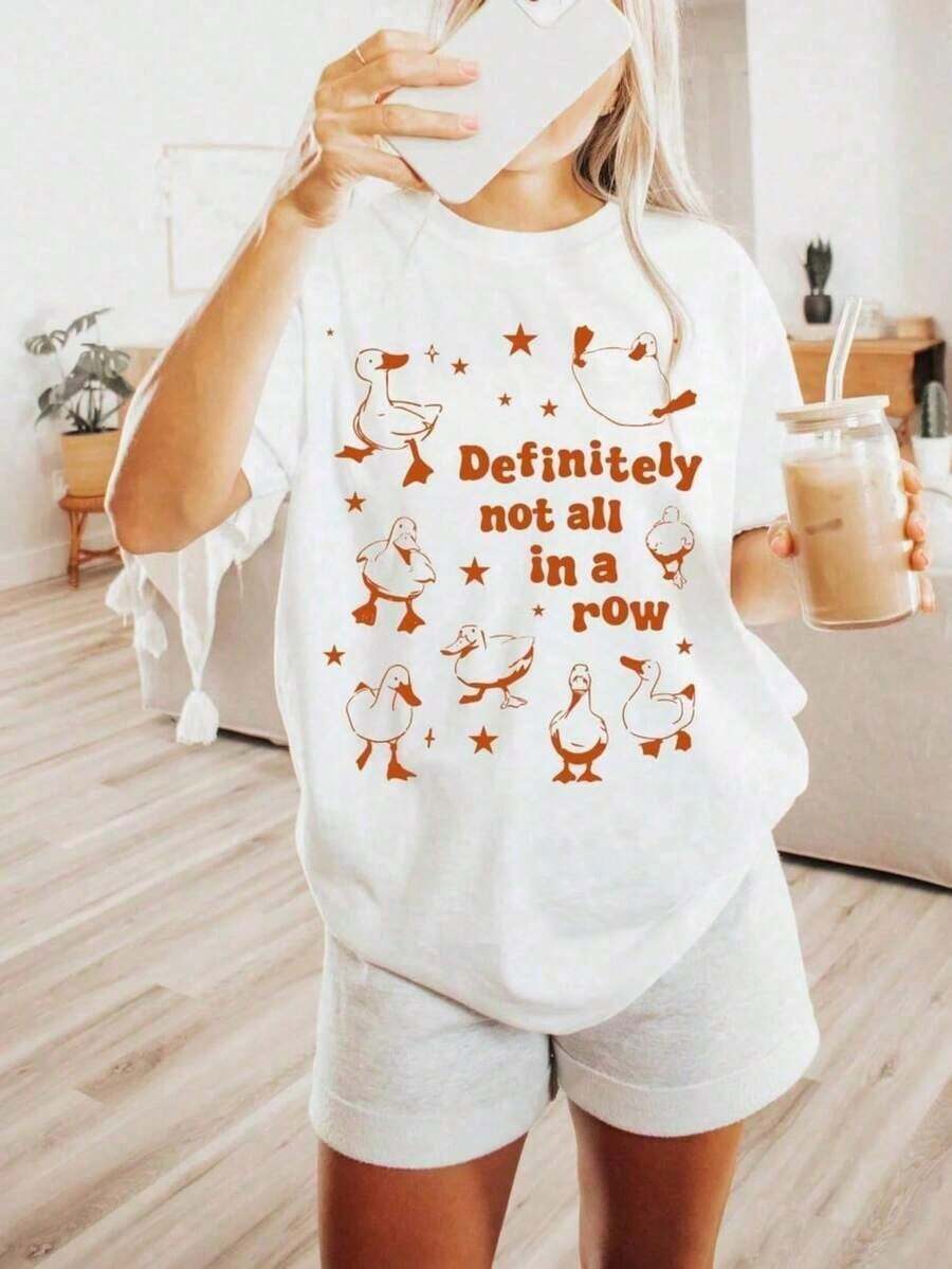 1 "Ducks Not In A Row" T-Shirt, Definitely Not In, Funny Vintage Retro Graphic Tee, Funny Mental Health T-Shirt, Casual And Stylish T-Shirts, Workout Wear, 100% Cotton, Breathable And Comfortable, 180g, 100% Cotton, All Designs Are Printed. Unisex. - 白色 - 查看 1