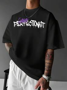 Camiseta suelta de cuello redondo con letras americanas para hombres - Negro - Ver 2