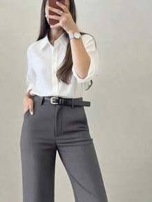 Pantalones casuales de pierna acampanada con diseño minimalista para mujer, adecuados para ir al trabajo, la oficina, uso diario, todo el año, color rosa primaveral - Gris - Ver 3
