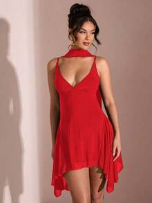 Vestido corto de gasa con escote en V profundo y cinta de color negro sólido, adecuado para citas diarias, salidas nocturnas, discotecas, fiestas, reuniones, fiestas de cóctel, monos de vacaciones, fiestas en la piscina, ropa de oficina, vestidos para ir y venir - Rojo - Ver 4