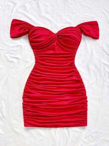 Vestido mini ajustado de punto rojo con hombros descubiertos para mujer, diseño con espalda calada, adecuado para vacaciones, citas, té de la tarde, temporada de bodas, playa, crucero, vacaciones en la ciudad, vacaciones bohemias, festivales de - Rojo - Ver 3