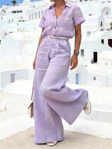 GLOURI Women's Lavender Collared Short-Sleeve Two-Piece Set - Button-Front & Wide-Leg Pants & Belt Detail | Elegant Relaxed Style For Coastal Vacations (Relaxed Silhouette & Waist-Defining Belt Detail) For Effortlessly Chic Looks - Purple - View 3