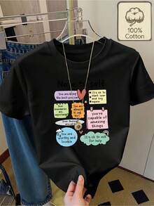 Camiseta de mujer 100% algodón puro, estampada con frases motivadoras coloridas con la temática "Nota para sí mismo", camiseta de manga corta con cuello redondo, ropa de verano, cómoda y transpirable, ropa de verano para mujer, tops para mujer. - Negro - Ver 1