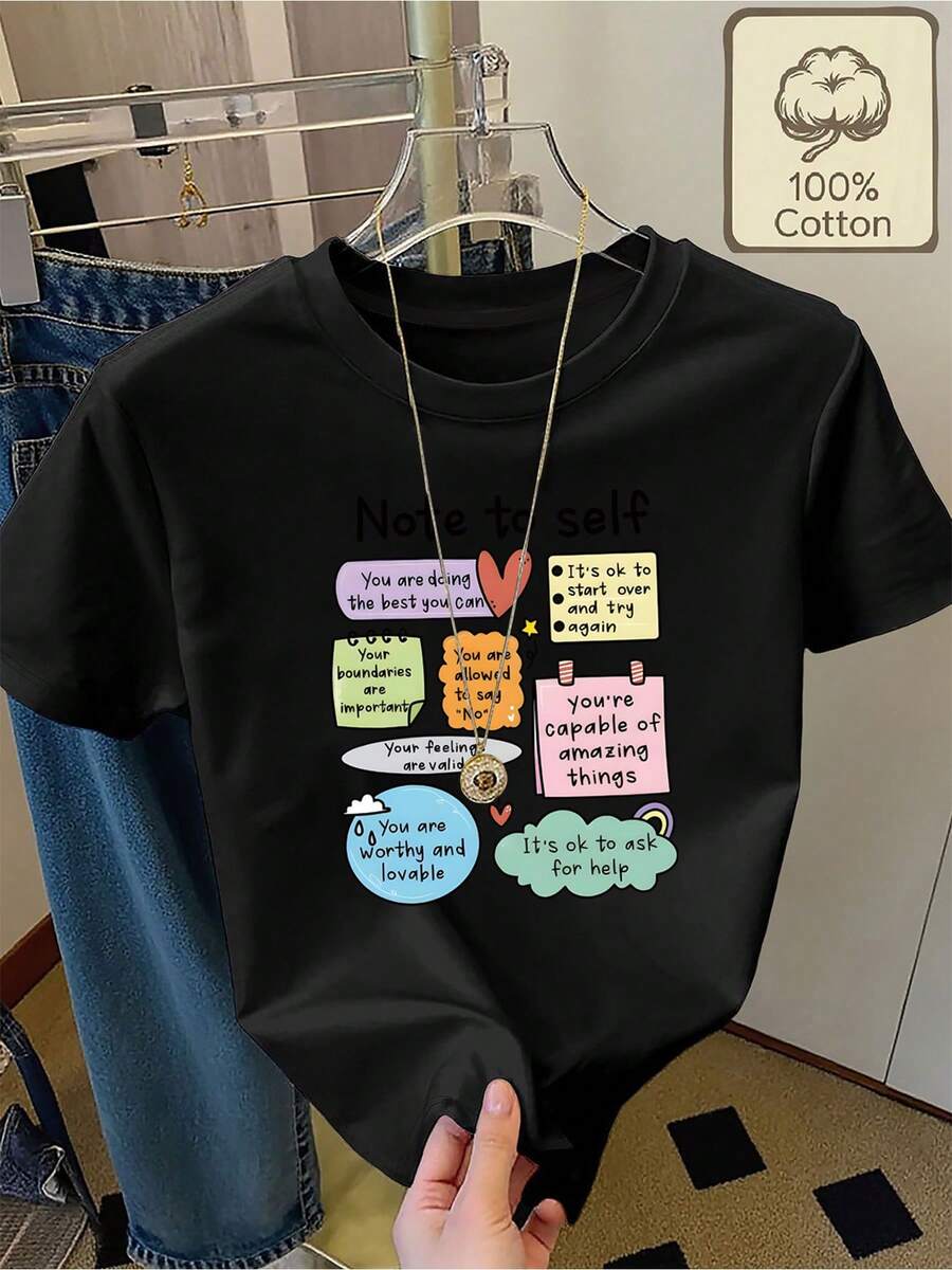 Camiseta de mujer 100% algodón puro, estampada con frases motivadoras coloridas con la temática "Nota para sí mismo", camiseta de manga corta con cuello redondo, ropa de verano, cómoda y transpirable, ropa de verano para mujer, tops para mujer. - Negro - Ver 1