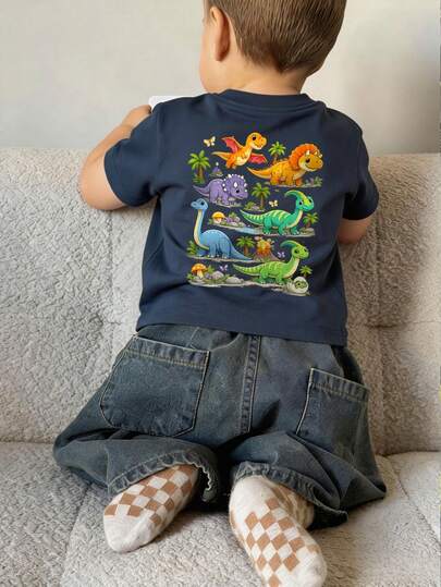 Toddler Boys' Back Cartoon Dinosaur Print Short Sleeve Crewneck T-Shirt, Navy Blue Casual Tee For Kids Summer Daily Wear
