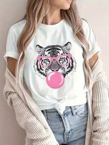 Camiseta Casual para Mujer con Estampado de Tigre, Cuello Redondo, Manga Corta, Elástica, Mezcla de Poliéster, Lavable a Máquina, Perfecta para Primavera Verano Y2k - Negro - Ver 1