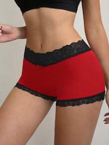 1pc Women Lace Patchwork Elegant, Comfortable, Cooling Knit Briefs - Red - View 4