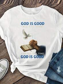 PremiumCamiseta con estampado de oración a Dios, estilo moderno, camiseta casual de manga corta para mujer, top de cuello redondo, camiseta con estampado de diseño lindo.Nueva llegada - Blanco - Ver 3