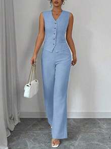 Conjunto de mujer de chaleco sin mangas con cuello en V y pantalones rectos de pierna derecha, de unicolor, elegante y de moda para uso casual y de oficina - azul real - Ver 4